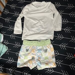 Toddler Bluey Swim Trunks with white rash-guard shirt